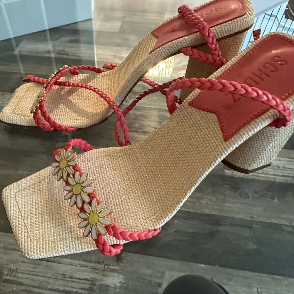 Red Braided Sandals with Daisy Accents
